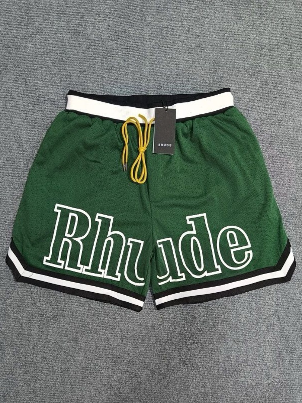 Rhude Green Basketball Shorts with Yellow Drawstring
